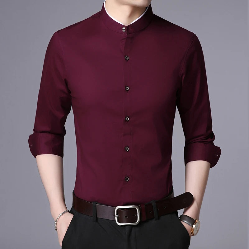 2023 Fashion Brand Shirt Men Mandarin Collar Long Sleeve Regular Fit Cotton Autumn Black Korean Dress Shirt Casual Men Clothes