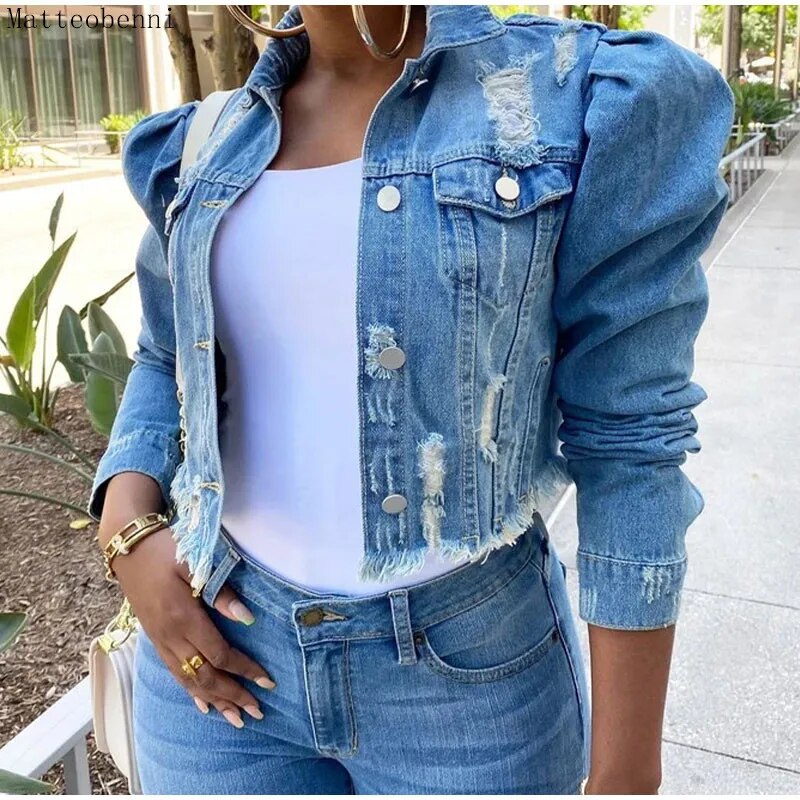 Autumn Women Sexy Ripped Denim Jackets 2021 Vintage Casual Short Jean Jacket Puff Sleeve Winter Female Coat Streetwear