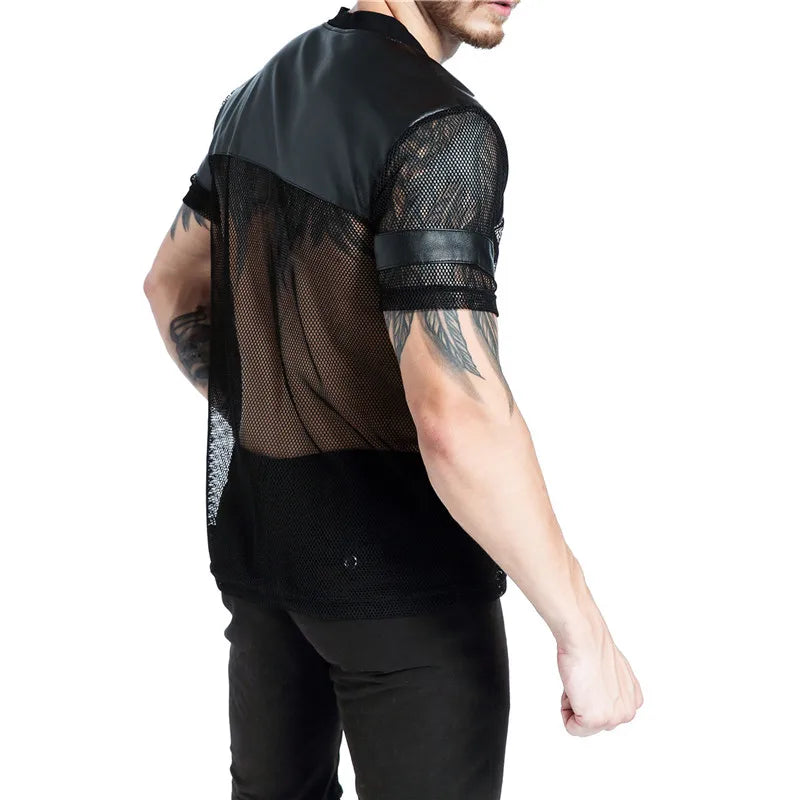 Sexy Men Undershirts Short Sleeve T-Shirts Men Tank Tops Faux Leather See Through Casual Mesh Shirts Stage Clubwear Men Clothes