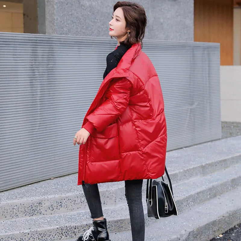 2021 New Winter Women Coat Bright Cotton-Padded Jacket Women's Mid-Length Loose Thick Parka Net Red Outerwear Multiple Colors