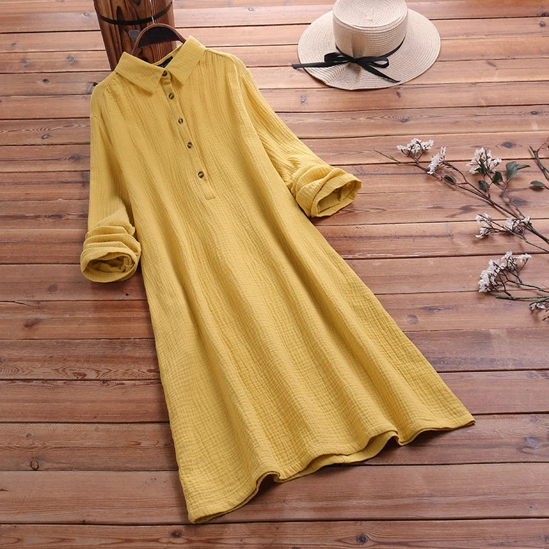 ZANZEA Fashion Autumn Lapel Neck Long Shirt Dress Women Long Sleeve Buttons Cotton Sundress Casual Loose Work OL Vestido