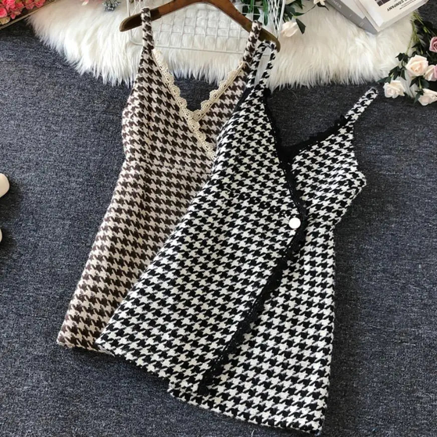 Women v-neck Plaid spaghetti strap Woolen Vest Houndstooth Sleeveless slim top waistcoat