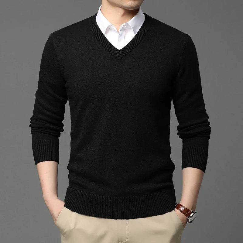 2023 High Quality New Fashion Brand Woolen Knit Pullover V Neck Sweater Black For Men Autum Winter  Casual Jumper Men Clothes