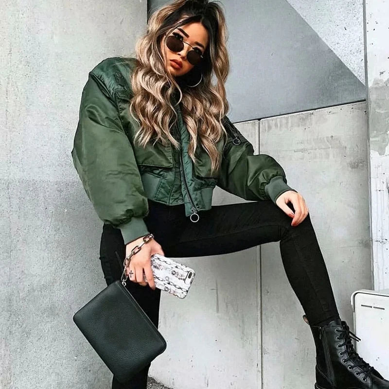 2020 stylish lady autumn winter merodi  green short jackets women fashion long sleeve zipper bomber jacket outwear women's coat