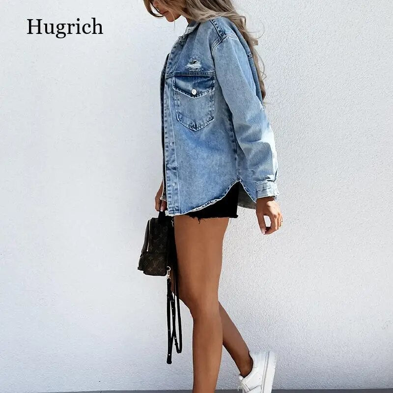 Korean Style Solid Lapel Long Sleeve Loose Jacket Women Denim Style Casual Blue Pockets Coat Female Autumn Spring Jeans Outwear