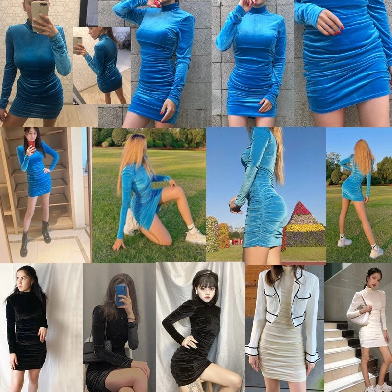 CNYIHSE Sexy Bodycon Velvet Mini Dress Women Autumn Long Sleeve High Neck Party Dresses Female Velvet Sheath Dress Robes Vestido