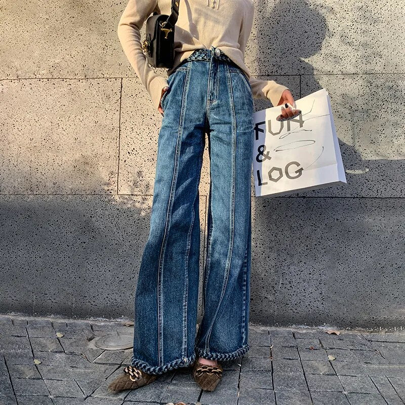 TWOTWINSTYLE Casual Blue Denim Trousers For Women High Waist Loose Straight Full Length Jeans Female 2021 Summer Fashion Clothes