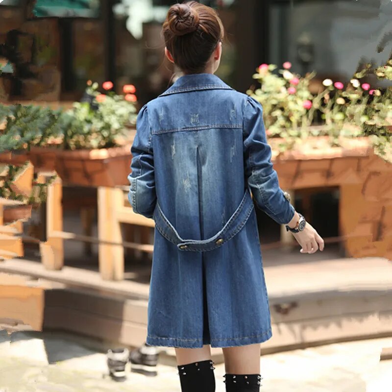 UHYTGF Spring Autumn Denim Jacket Women Long Coat Double-Breasted Casual Loose Size 4XL Jeans Jacket Elegant Female Basic Coat72