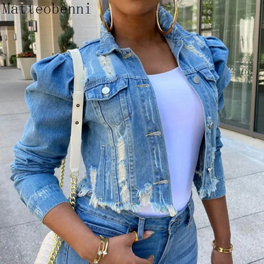 Autumn Women Sexy Ripped Denim Jackets 2021 Vintage Casual Short Jean Jacket Puff Sleeve Winter Female Coat Streetwear