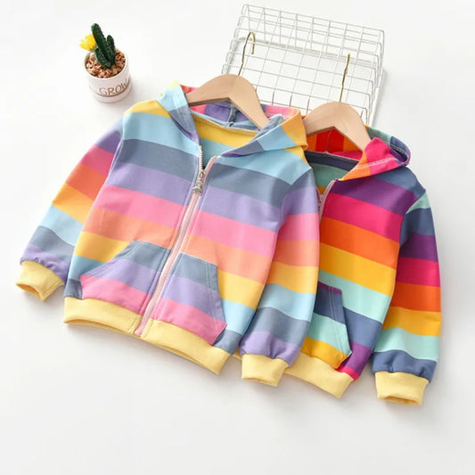 Autumn Baby Girls Hoodie Jacket Kids Sweater Shirt Rainbow Stripe Long Sleeve T-Shirt Children Tops Zipper Sweatshirt Child Coat