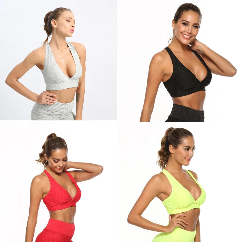 Shockproof Women Workout Sports Bra with Pad Plain Back Cross Push Up Yoga Vest Bubble Fabric Gym Fitness Quick Dry Tank Top