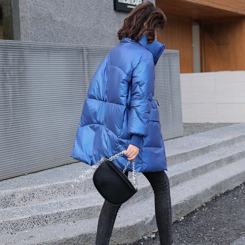 2021 New Winter Women Coat Bright Cotton-Padded Jacket Women's Mid-Length Loose Thick Parka Net Red Outerwear Multiple Colors