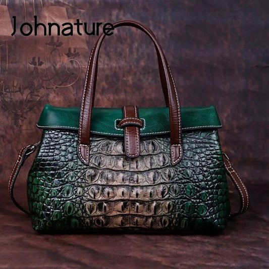 Johnature Handmade Embossing Genuine Leather Luxury Handbags Women Bags Designer 2022 New High Quality Shoulder&Crossbody Bags