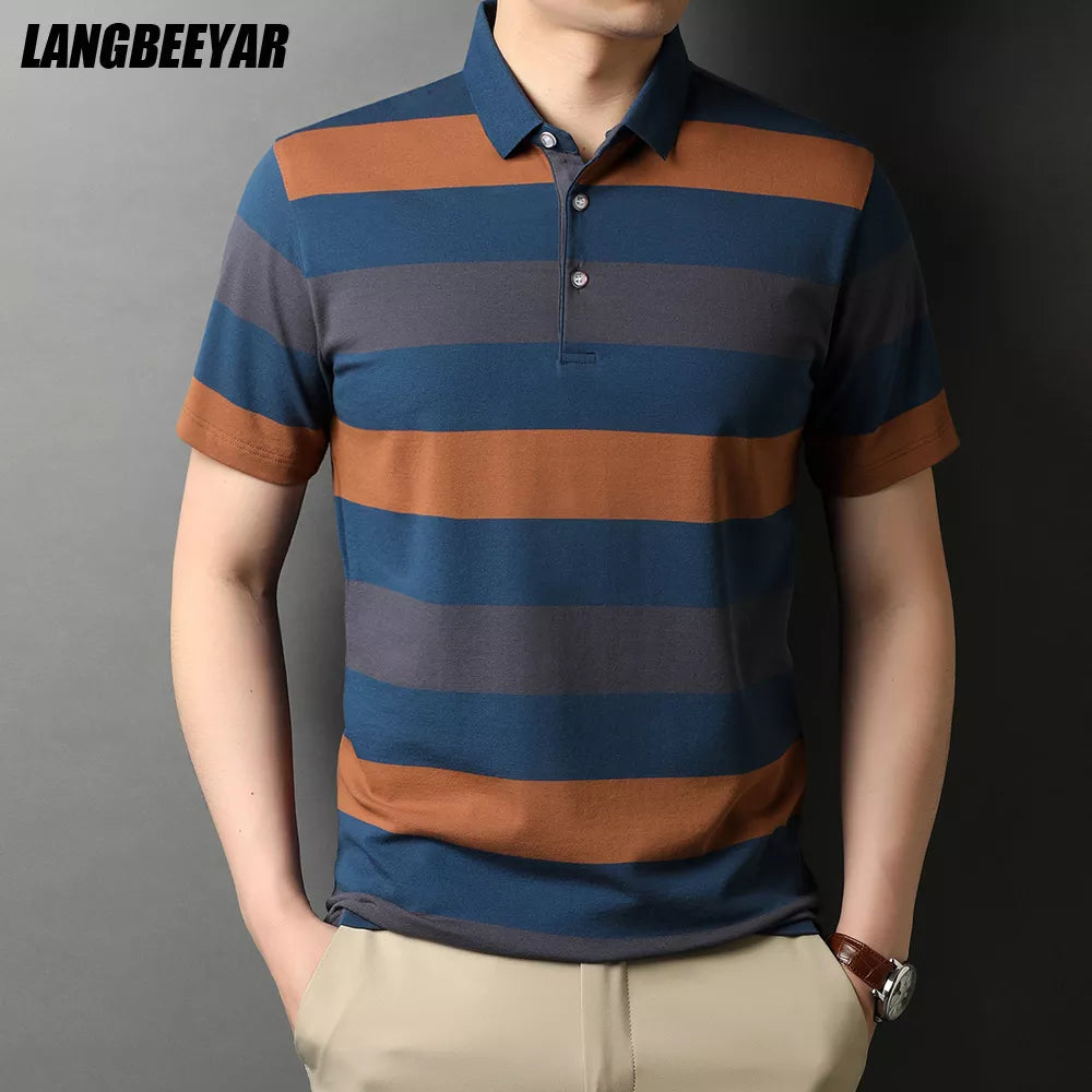 Top Quality New Summer Brand Designer Striped Turn Down Collar Men's Polo Shirt Short Sleeve Casual Tops Fashions Men Clothes