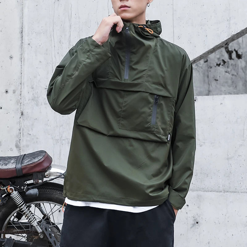 Summer Cargo Jacket Men Clothes Hooded Windbreaker Waterproof  Coat Fashion Harajuku Street Big Pocket Sports Outerwear Male 3XL