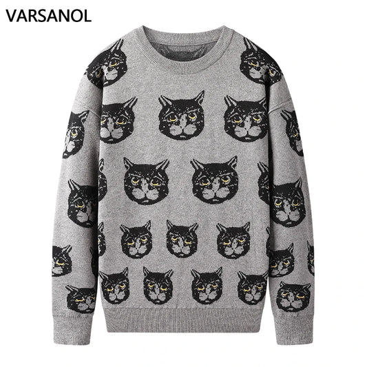 Varsanol Cartoon Cat Mens Sweaters Clothing Winter Warm Knitted Sweater Men Casual Pullovers Cotton Men Clothes Long Sleeve 2020