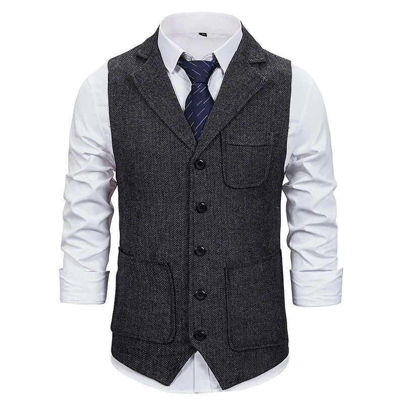 Men Suit Vest 2021Fashion Korean  Multiple Pockets Herringbone Tweed Mens Waistcoat Formal Business Slim Fit Sleeveless Jacket