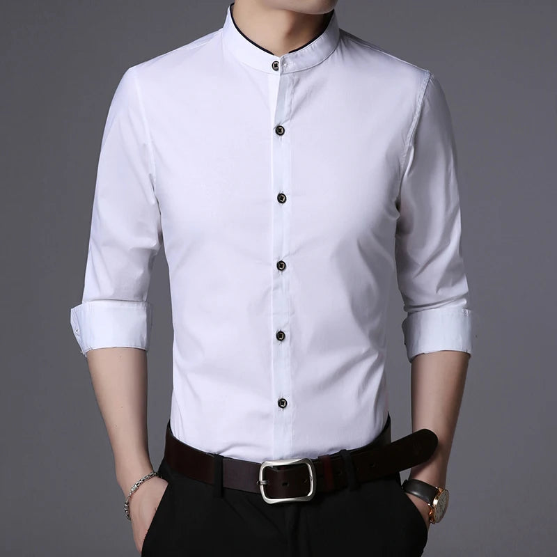 2023 Fashion Brand Shirt Men Mandarin Collar Long Sleeve Regular Fit Cotton Autumn Black Korean Dress Shirt Casual Men Clothes