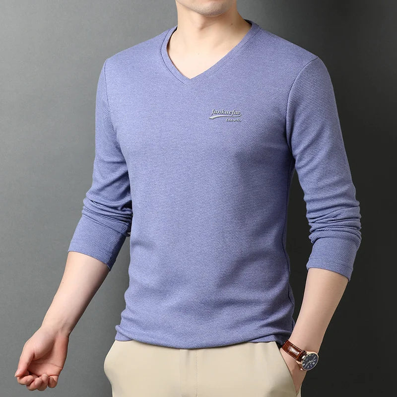 2023 Top Quality New Fashion Brand 95% Cotton 5% Spandex Plain V Neck Long Sleeve t Shirt Men Cotton Casual Men Clothes