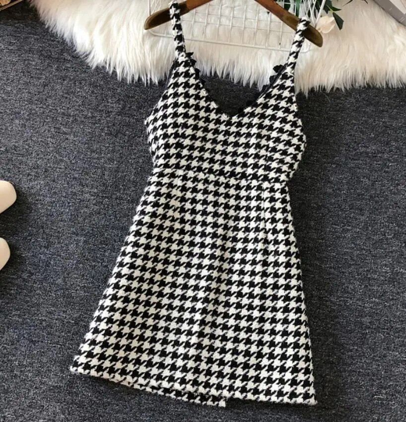 Women v-neck Plaid spaghetti strap Woolen Vest Houndstooth Sleeveless slim top waistcoat