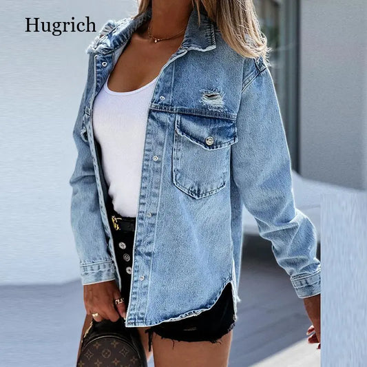 Korean Style Solid Lapel Long Sleeve Loose Jacket Women Denim Style Casual Blue Pockets Coat Female Autumn Spring Jeans Outwear