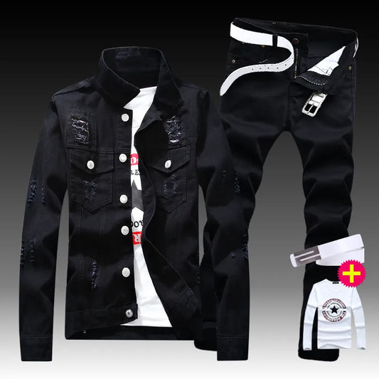 New Men's Denim Jacket Pants 2pcs Set Single Breasted Holes Casual Coat Trousers Slim Fit Cool Boys Jackets A222