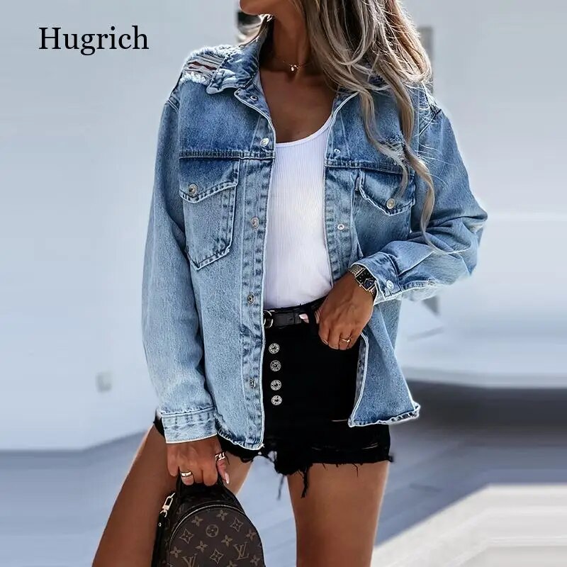 Korean Style Solid Lapel Long Sleeve Loose Jacket Women Denim Style Casual Blue Pockets Coat Female Autumn Spring Jeans Outwear