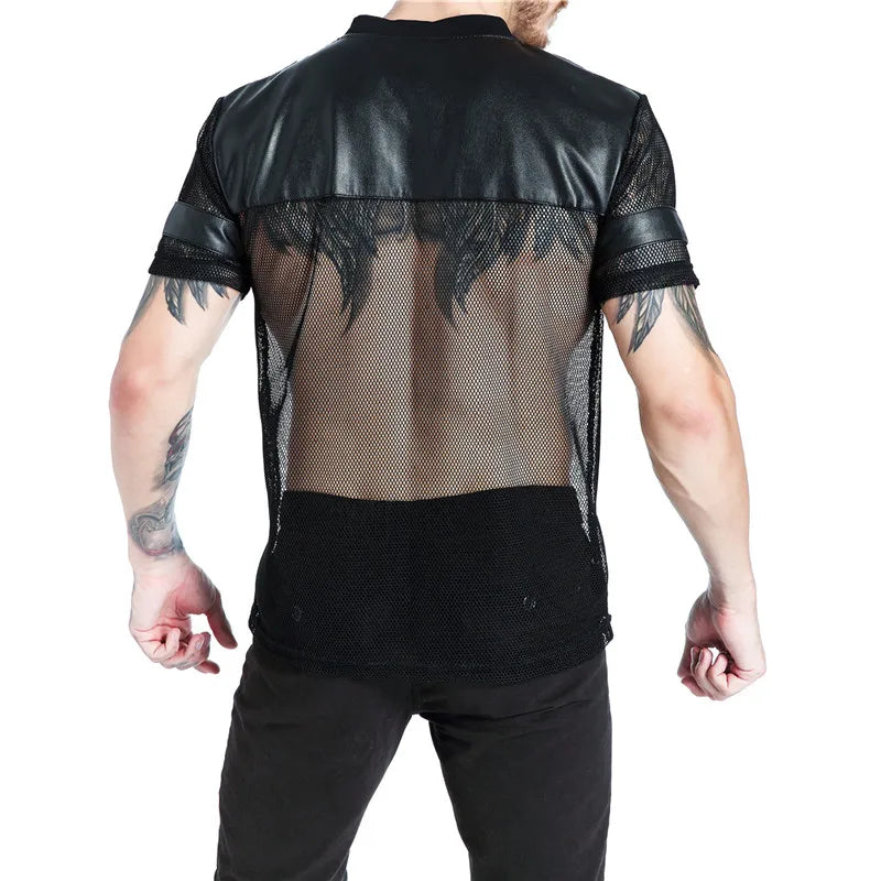 Sexy Men Undershirts Short Sleeve T-Shirts Men Tank Tops Faux Leather See Through Casual Mesh Shirts Stage Clubwear Men Clothes