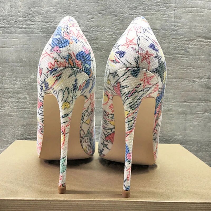 Tikicup Sew Edged Women Graffiti Printed Stiletto High Heels Pointed Toe Slip On Designer Shallow Cut Pumps Wedding Shoes White