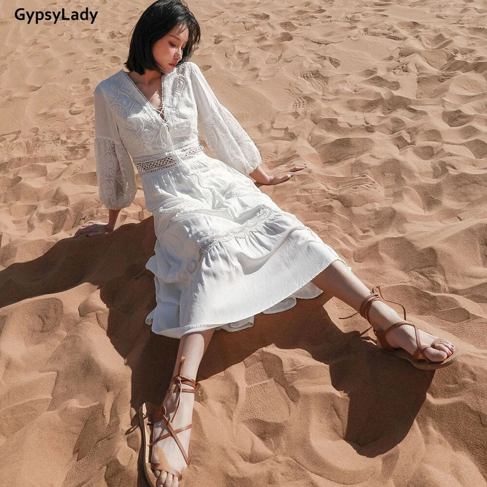 GypsyLady Floral Embroidery Maxi Dress 100% Cotton Lace White Summer Holiday Dress Hollow Out Sheer Boho Sexy Chic Women Dresses