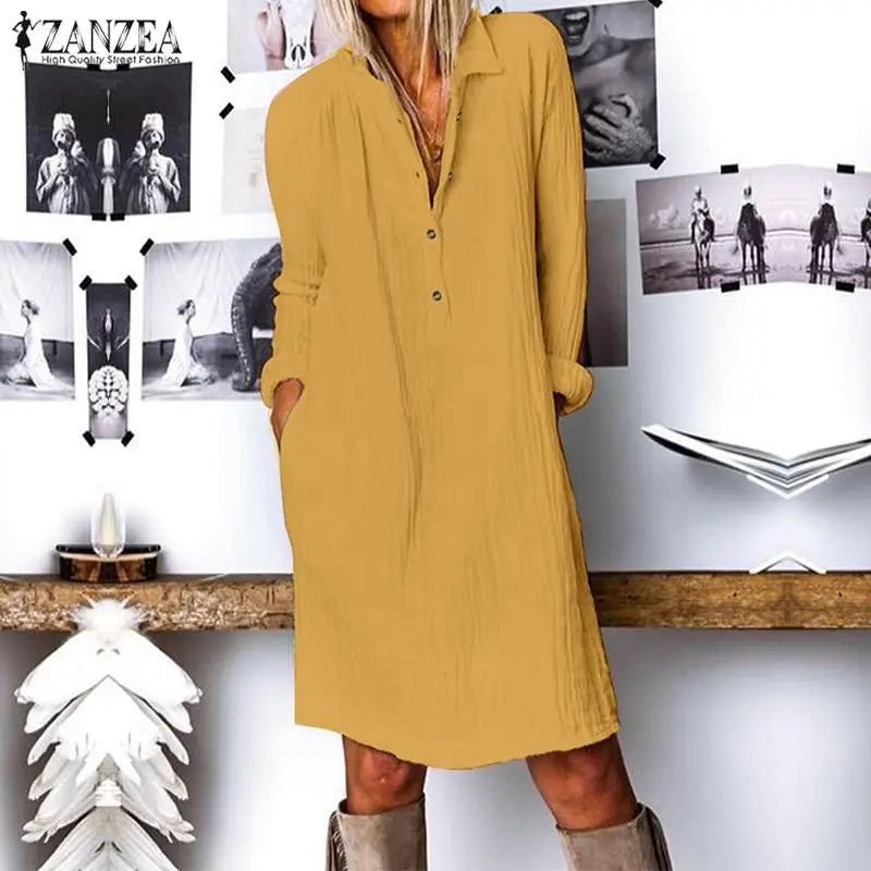 ZANZEA Fashion Autumn Lapel Neck Long Shirt Dress Women Long Sleeve Buttons Cotton Sundress Casual Loose Work OL Vestido