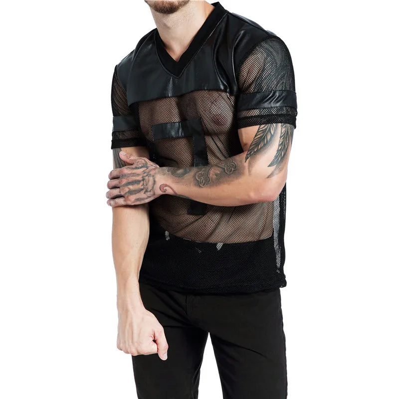 Sexy Men Undershirts Short Sleeve T-Shirts Men Tank Tops Faux Leather See Through Casual Mesh Shirts Stage Clubwear Men Clothes