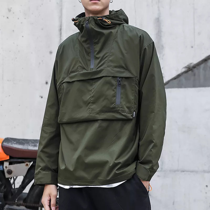 Summer Cargo Jacket Men Clothes Hooded Windbreaker Waterproof  Coat Fashion Harajuku Street Big Pocket Sports Outerwear Male 3XL