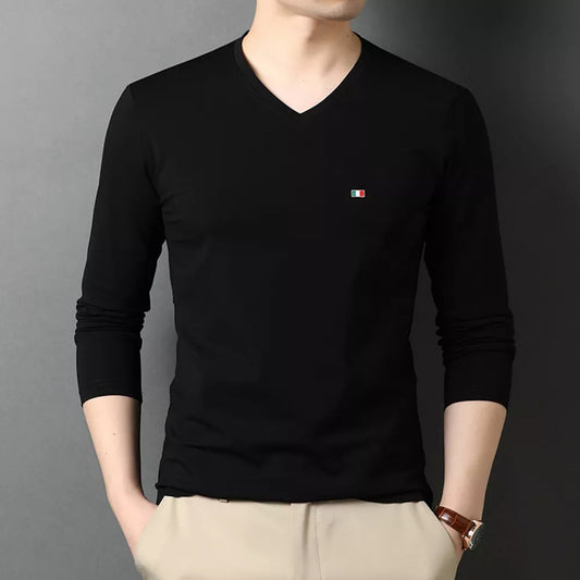 Top Quality New Fashion Brand Plain 95% Cotton 5% Spandex V Neck Long Sleeve t Shirt Men Cotton Black Casual Men Clothes 2023