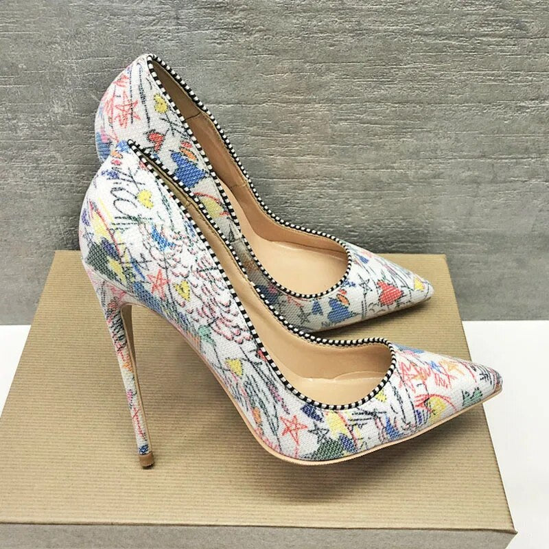 Tikicup Sew Edged Women Graffiti Printed Stiletto High Heels Pointed Toe Slip On Designer Shallow Cut Pumps Wedding Shoes White