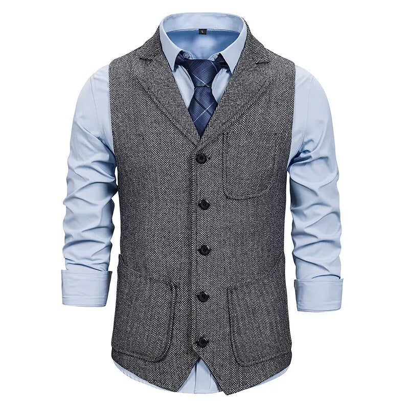 Men Suit Vest 2021Fashion Korean  Multiple Pockets Herringbone Tweed Mens Waistcoat Formal Business Slim Fit Sleeveless Jacket