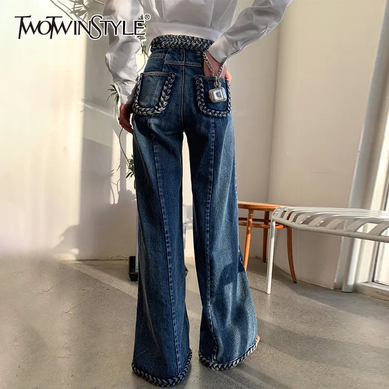 TWOTWINSTYLE Casual Blue Denim Trousers For Women High Waist Loose Straight Full Length Jeans Female 2021 Summer Fashion Clothes