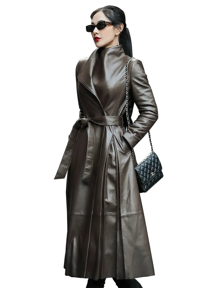 Nerazzurri Autumn Long Brown Black Soft Faux Leather Trench Coat for Women Belt Skirted Elegant Luxury Fashion 5xl 6xl 7xl 2022