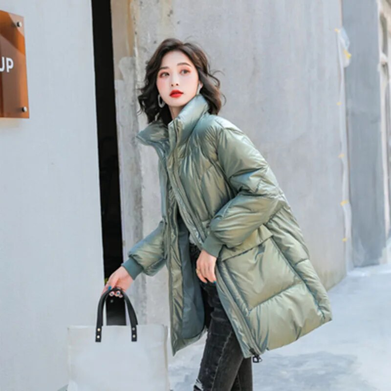 2021 New Winter Women Coat Bright Cotton-Padded Jacket Women's Mid-Length Loose Thick Parka Net Red Outerwear Multiple Colors