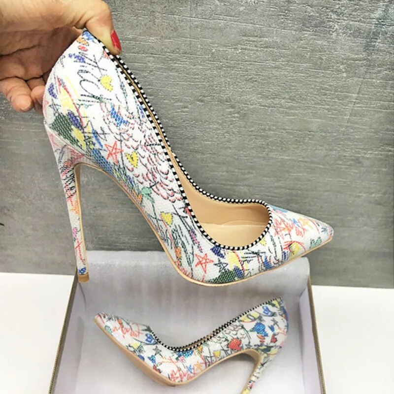 Tikicup Sew Edged Women Graffiti Printed Stiletto High Heels Pointed Toe Slip On Designer Shallow Cut Pumps Wedding Shoes White