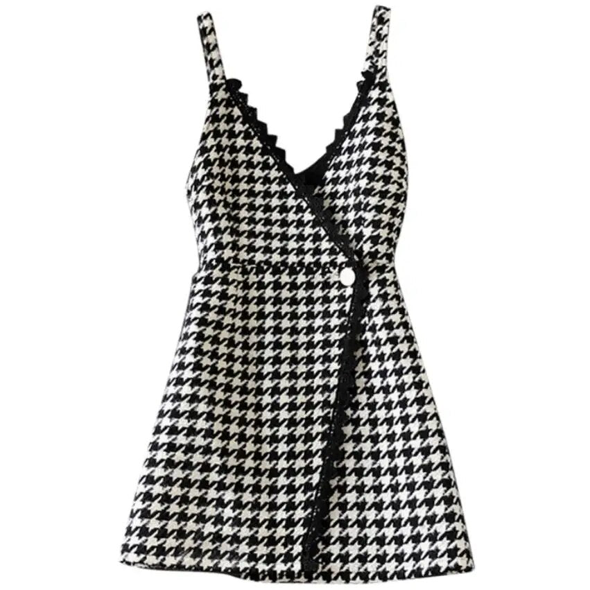 Women v-neck Plaid spaghetti strap Woolen Vest Houndstooth Sleeveless slim top waistcoat