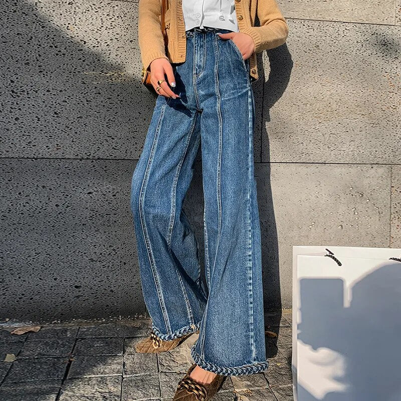 TWOTWINSTYLE Casual Blue Denim Trousers For Women High Waist Loose Straight Full Length Jeans Female 2021 Summer Fashion Clothes