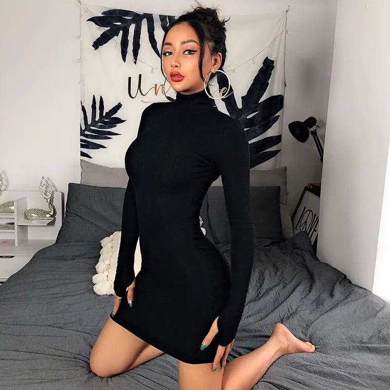 WannaThis Turtleneck Long Sleeve Skinny Mini Dress Women Autumn New  Cotton Solid Elastic Dresses 4 Color Bodycon Casual Orange