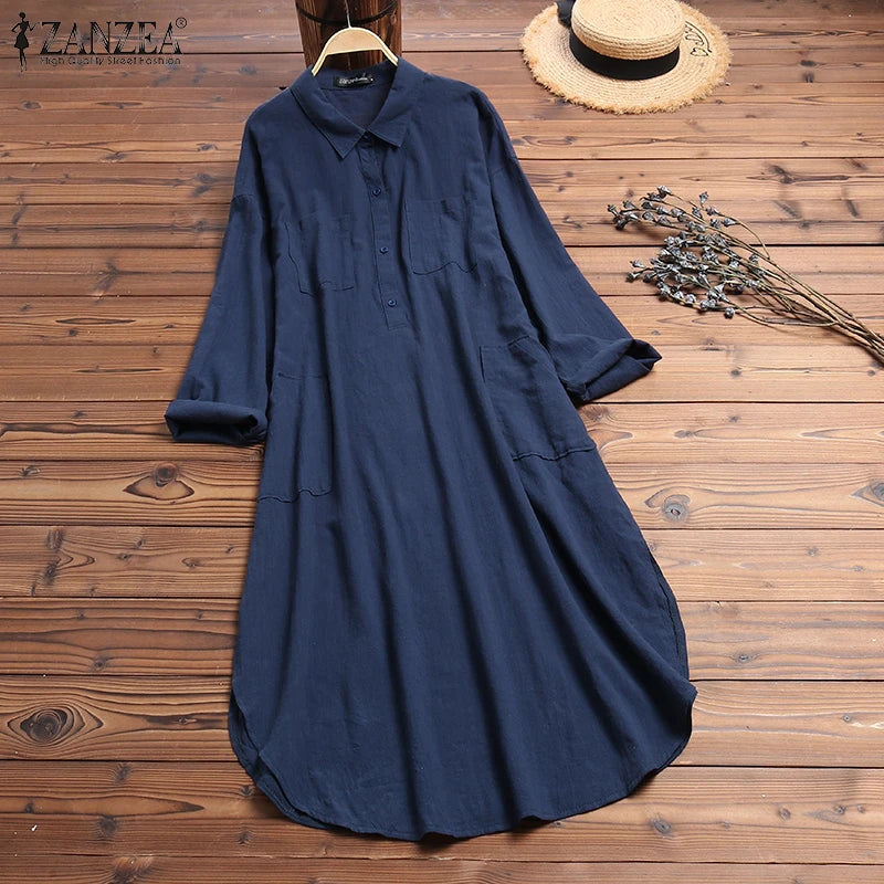 ZANZEA Fashion Autumn Lapel Neck Long Shirt Dress Women Long Sleeve Buttons Cotton Sundress Casual Loose Work OL Vestido