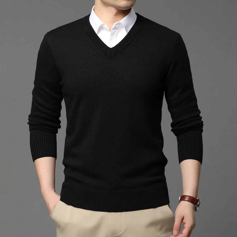 2023 High Quality New Fashion Brand Woolen Knit Pullover V Neck Sweater Black For Men Casual Jumper Autum Winter Men Clothes