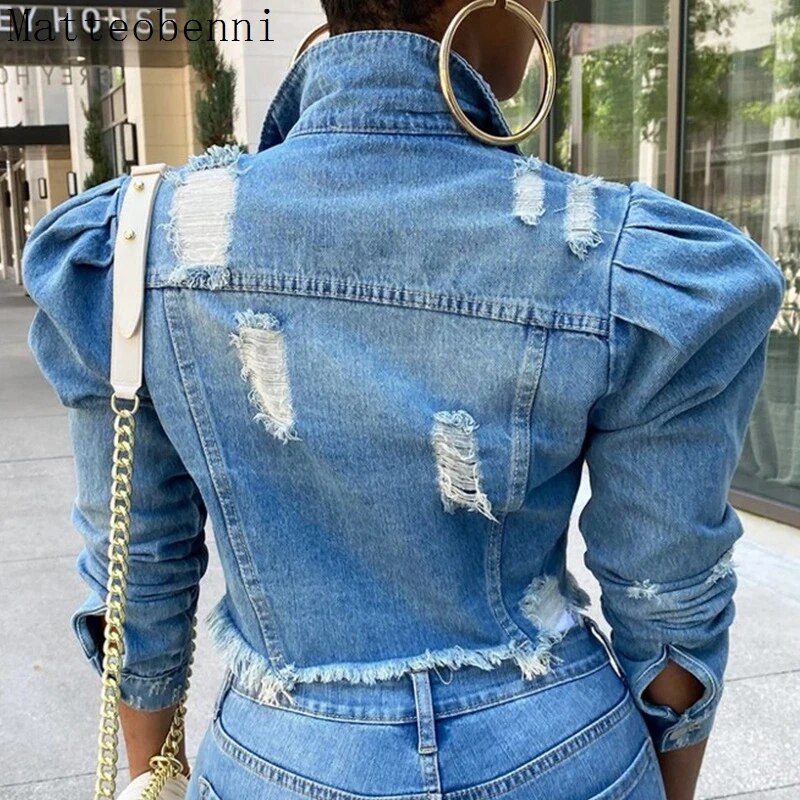 Autumn Women Sexy Ripped Denim Jackets 2021 Vintage Casual Short Jean Jacket Puff Sleeve Winter Female Coat Streetwear