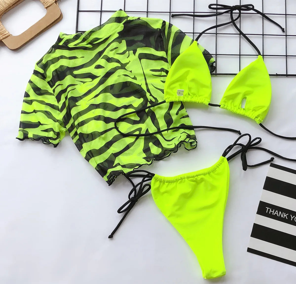 3 Piece Bikini Women Push-up Padded Neon Green Leopard Swimsuit Brazilian Short Sleeve Beach Bathing Suit Thong Swimwear Biquini