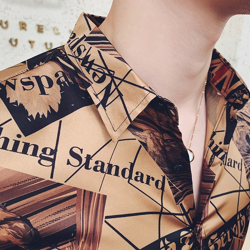 Gold Newspaper Printing Shirt Man Long Sleeve Camisa Masculina Shirts Men Clothes 2019 Autumn Camisa Homem Flower Shirt Men