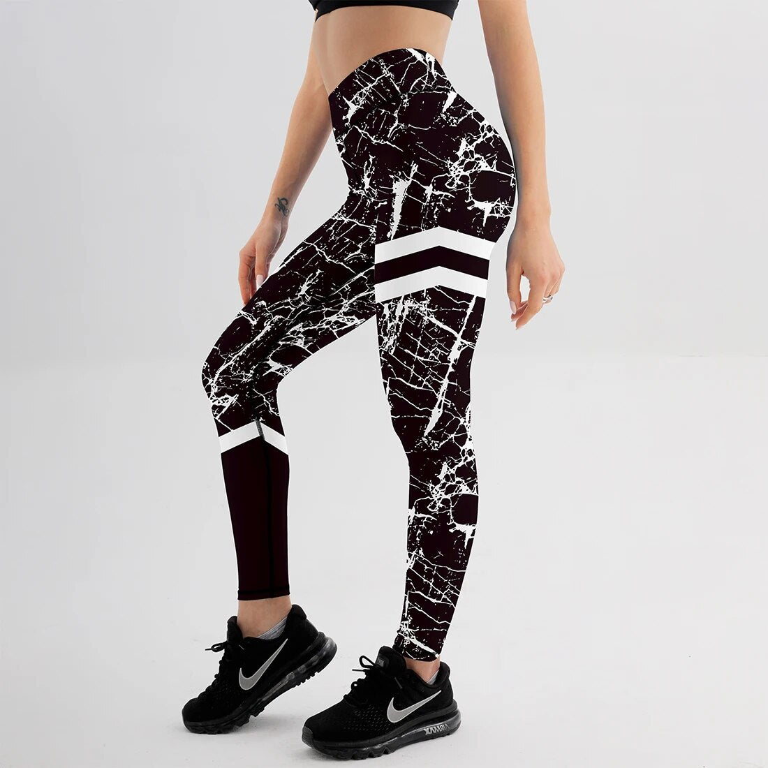 Ins Styles Stripe Printed Leggings Fashion Womens for Leggins Slim Stretch Trouser Black &White Texture Pants