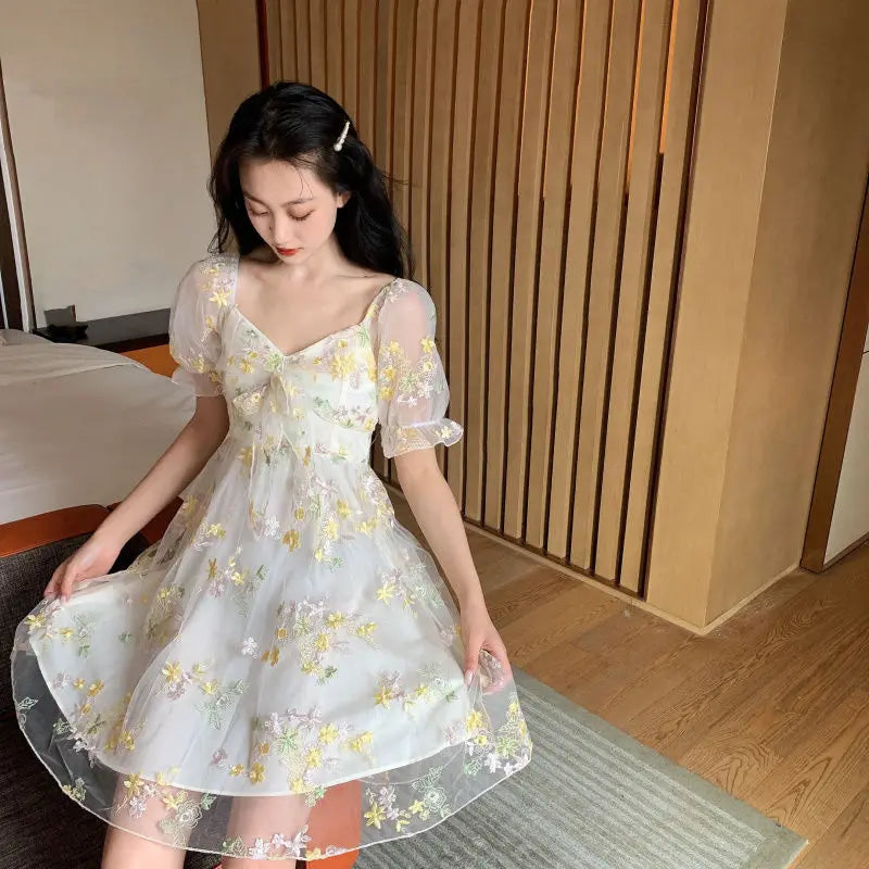 French Floral Dress Women Sexy Puff Sleeve Lace Chiffon Print Mini Dress Women Summer Korean Style Vintage Fairy Dress New 2022